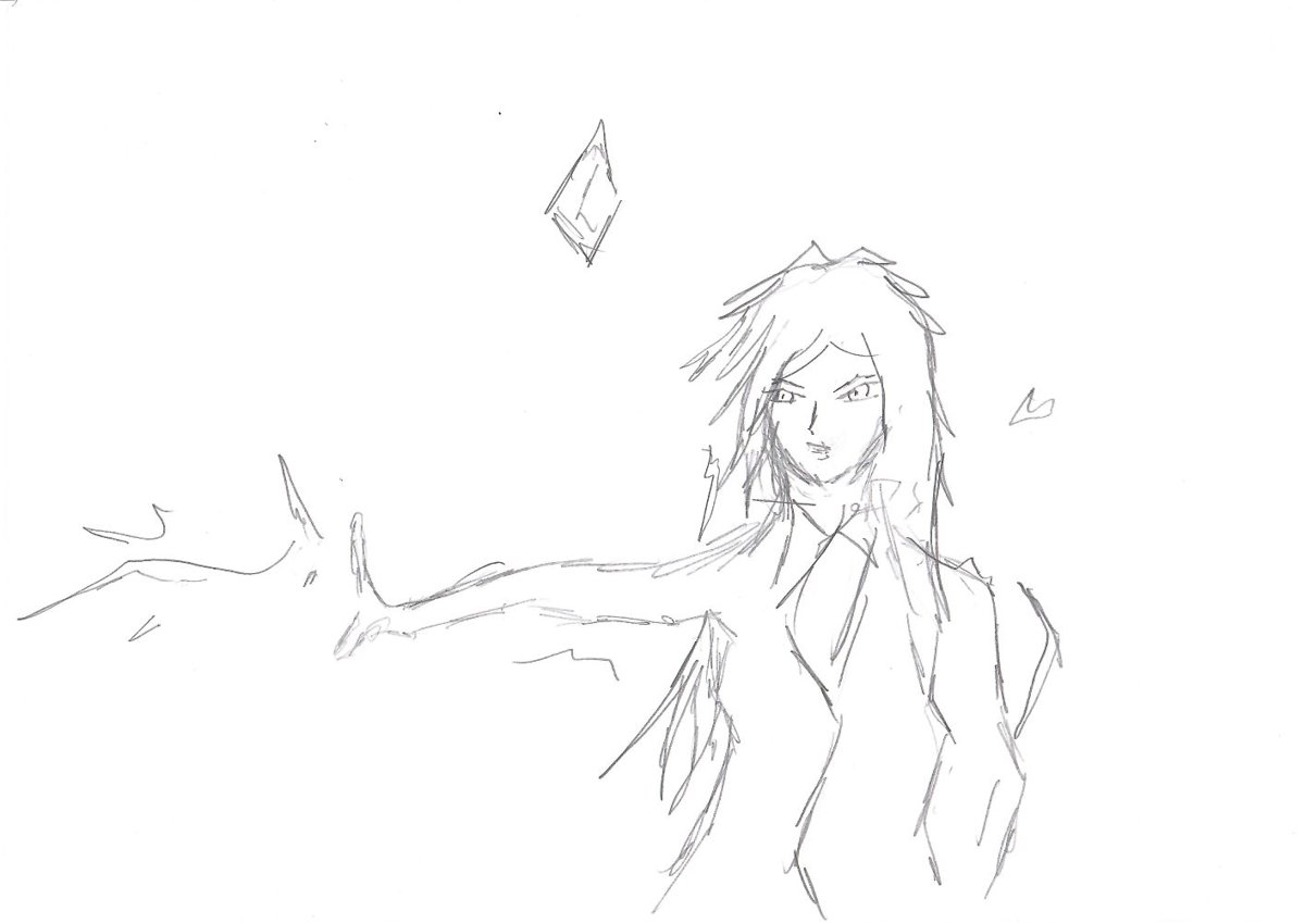 Le premier croquis de Lysara, au crayon : une femme aux cheveux longs, la main tendue, des pierres qui flottent autour d'elle.